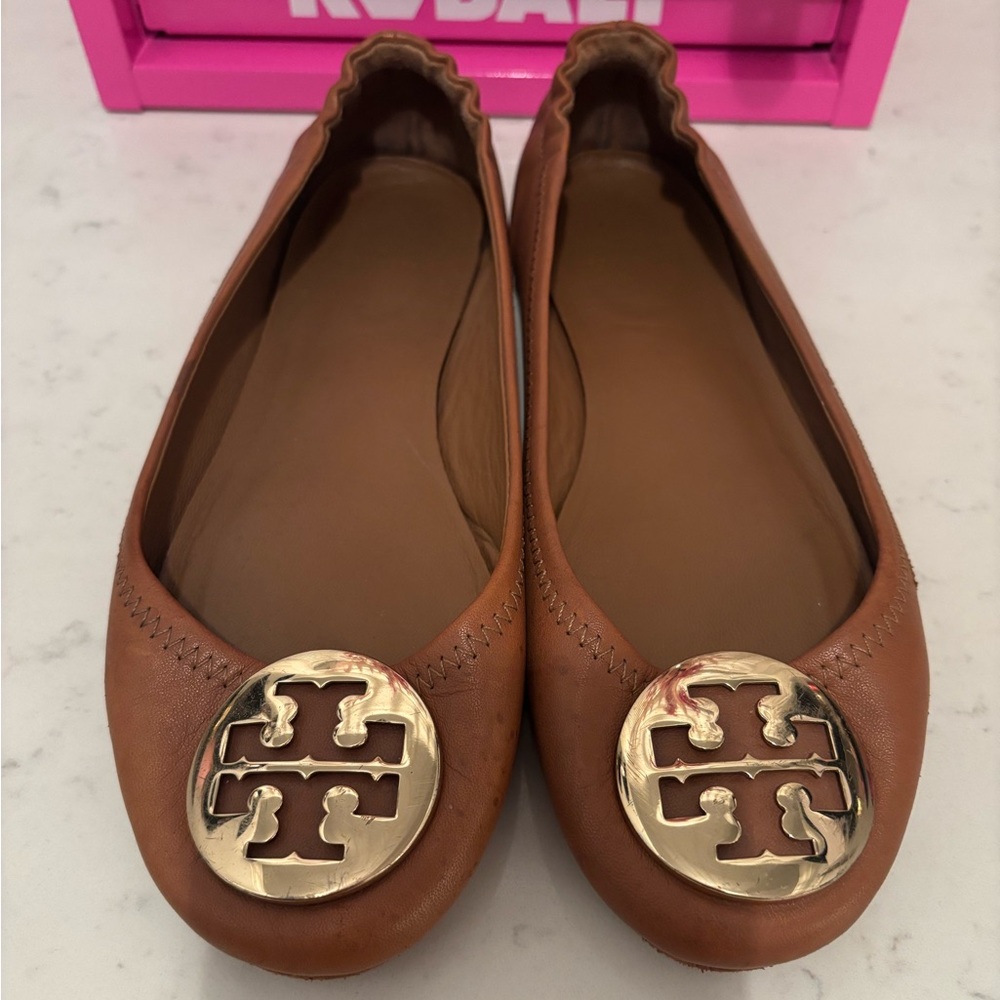 Tory Burch Brown Leather Flats with Gold Logo